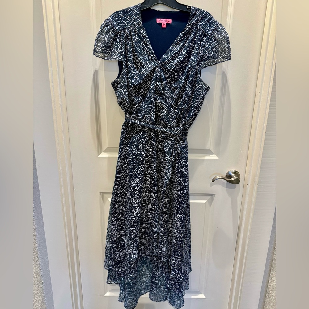 Betty Johnson blue/white/gold wrap dress